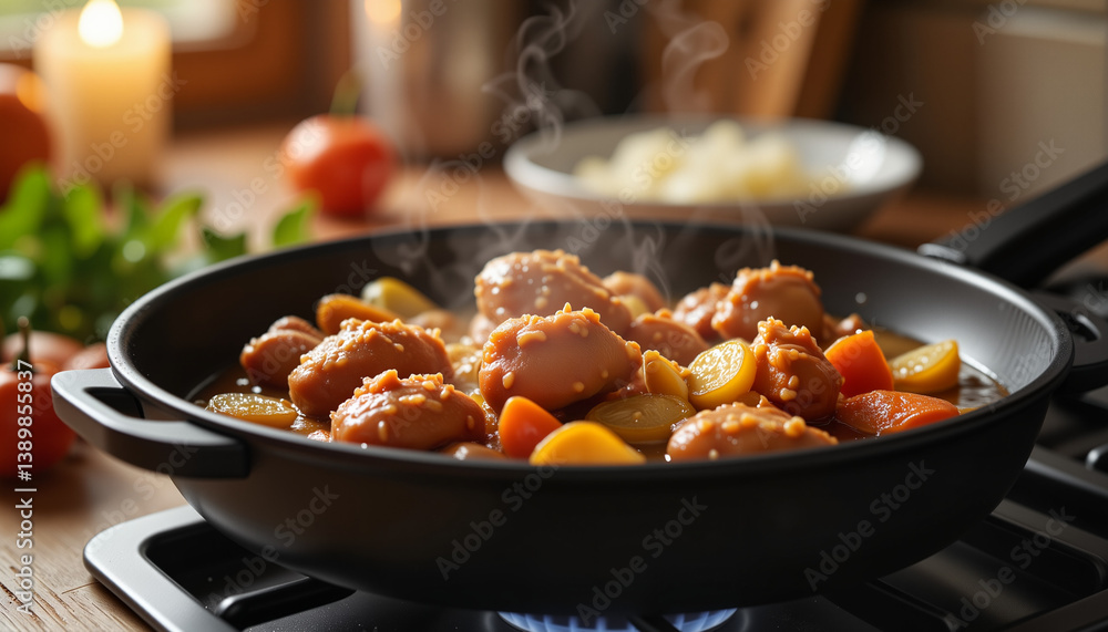 Delicious reindeer stew simmering on the stove, warm kitchen ambiance Delicious reindeer stew simmering on the stove, warm kitchen ambiance