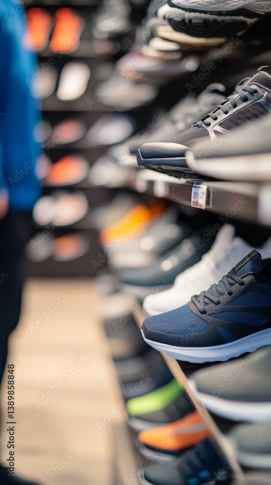 Fototapeta premium Close-up of sneakers on display in a shoe store with diverse athletic designs