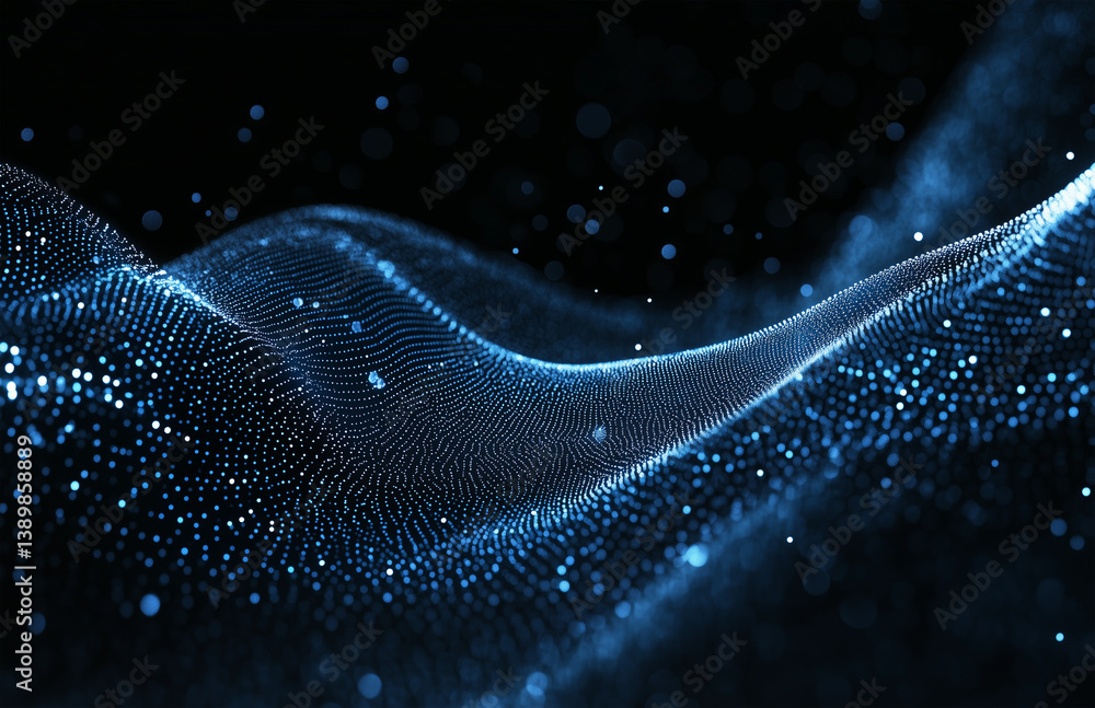 An abstract background of blue glowing dots with LED lights and curved lines. A digital technology concept. An abstract background of blue glowing dots with LED lights and curved lines. A digital technology concept.