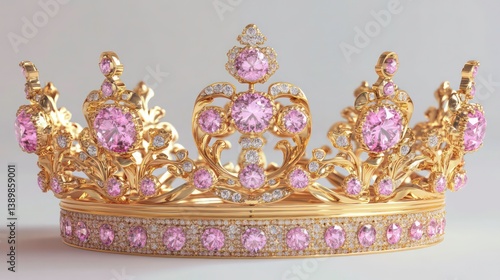 Golden crown with pink diamonds. Luxurious piece of jewelry. Royal accessory for king queen. Elegant design. Ideal for royalty themes for fashion magazines. Vintage look. High quality image. Perfect