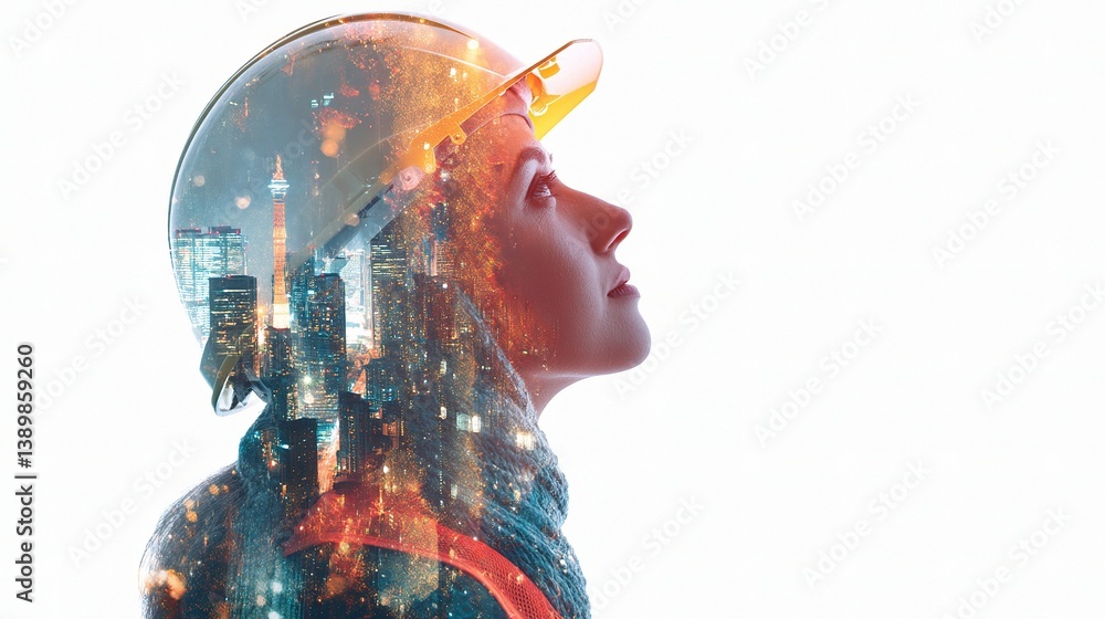 Double Exposure of Woman Wearing Safety Helmet in Urban Background Double Exposure of Woman Wearing Safety Helmet in Urban Background