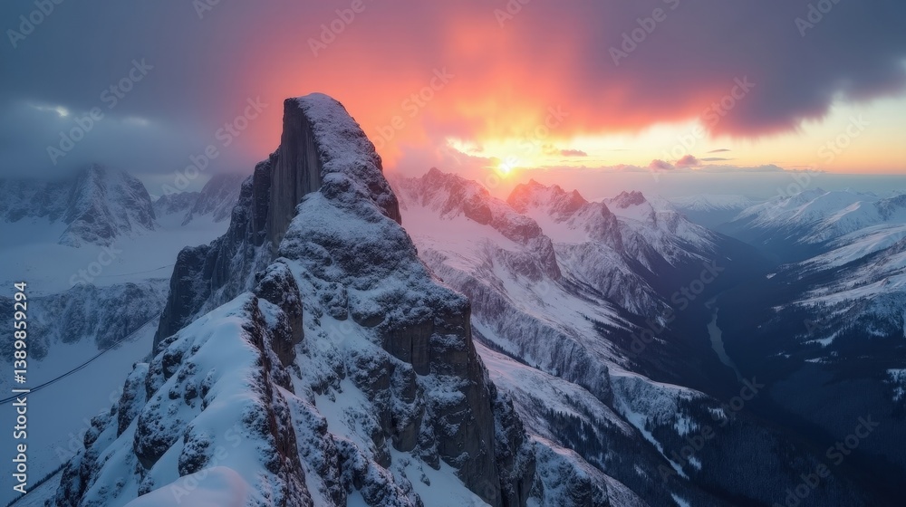 Obraz premium Aiguille du Midi in France captured from above during a cool, rainy winter dawn, highlighting its majestic height.