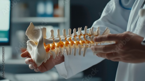Doctor shows spine with intervertebral hernia. Medical pro displays 3D model of spine with highlighted hernia. Possible scenario of treating back pain related issues. Medical education concept