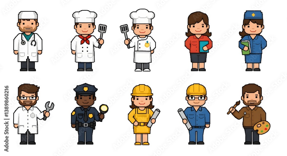 Pixel art illustration of various professions including doctor chef and construction worker Pixel art illustration of various professions including doctor chef and construction worker