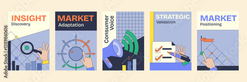 Market research poster with hands, graphs, and megaphone symbolizes strategic insights. Neubrutalism style.