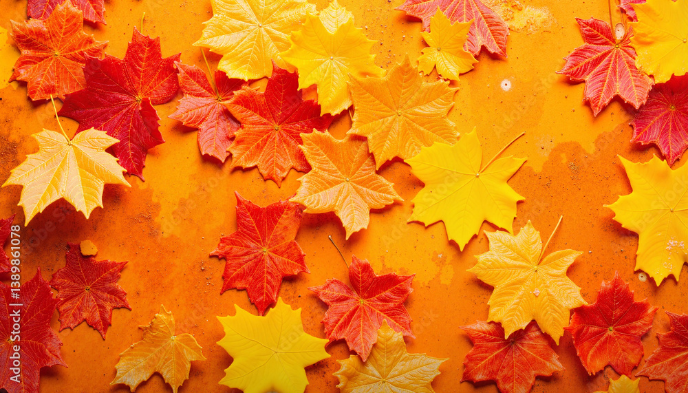 Autumn leaves scattered on vibrant orange background Autumn leaves scattered on vibrant orange background
