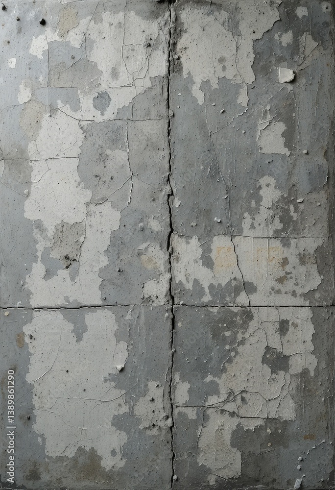 Obraz premium A weathered white wall displays peeling paint in various shades of off-white and gray, revealing cracks that add character and depth, creating a rustic, vintage aesthetic.