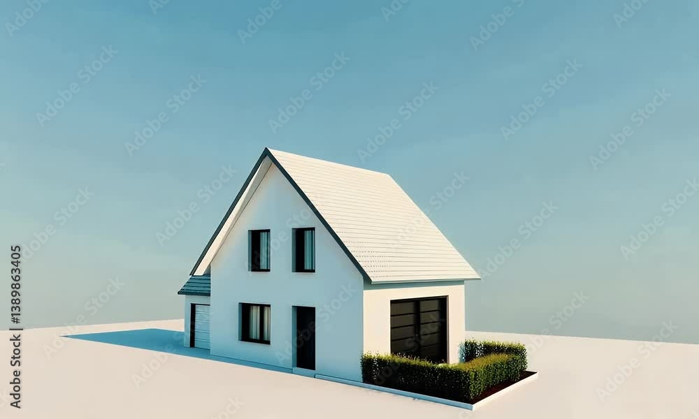 3D render of a modern minimalist white house with black accents, set in an open space under a soft blue sky with clean landscaping. 3D render of a modern minimalist white house with black accents, set in an open space under a soft blue sky with clean landscaping.
