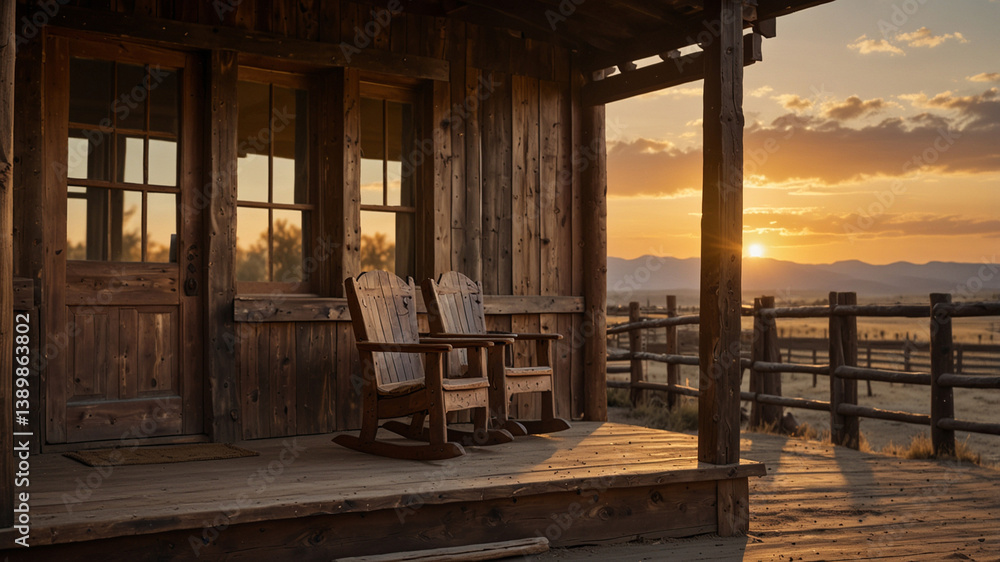 Fototapeta premium A traditional African tribal hut porch, thatched roof shading wooden chairs, woven baskets and pottery placed nearby, warm earthy tones