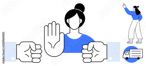 Woman raises hand in stop gesture between two fists. Background includes delivery truck and pointing person. Ideal for conflict resolution, communication, negotiation, logistics, protest, defense