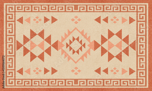 A seamless rectangular rug design featuring a minimalist Southwestern tribal pattern in calming coral and beige tones. The layout includes layered diamonds, triangles, and traditional Greek key border