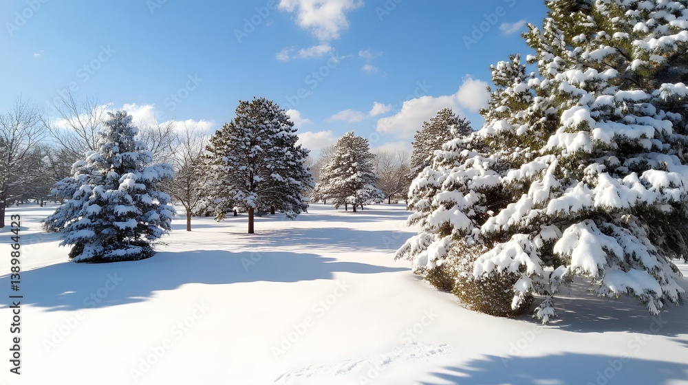 Snow Covered Pine Trees in a Sunny Winter Park Landscape Snow Covered Pine Trees in a Sunny Winter Park Landscape