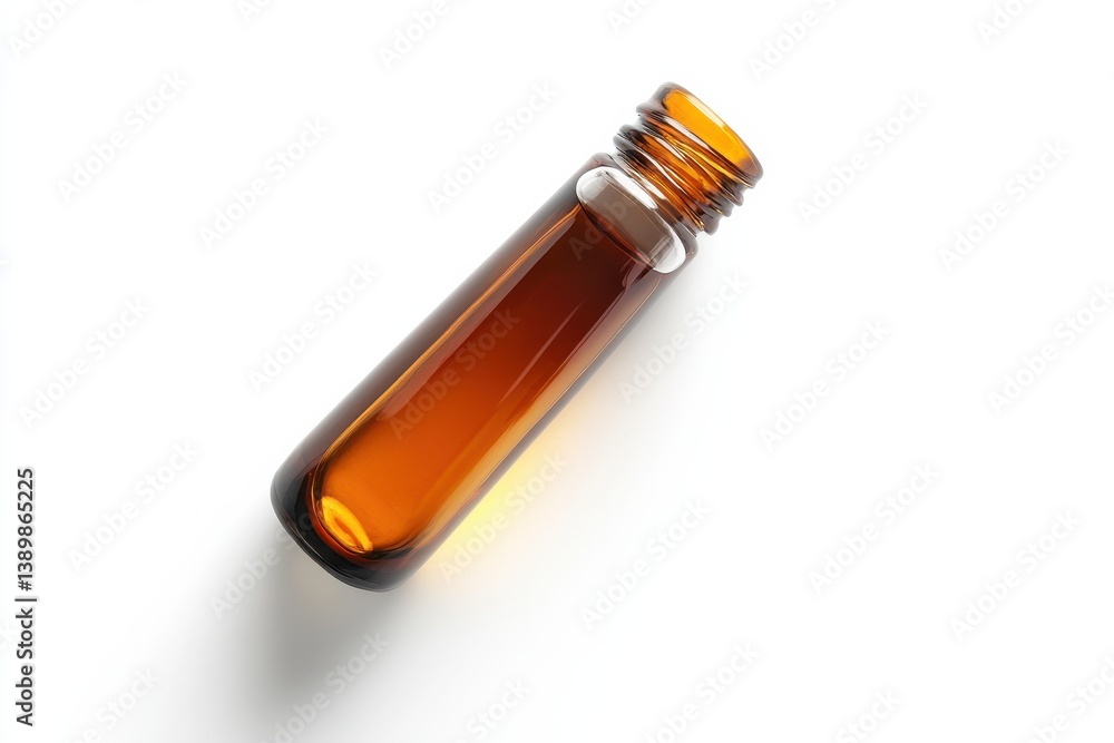 Fototapeta premium Amber glass bottle filled with essential oil photographed against a white background showcasing its