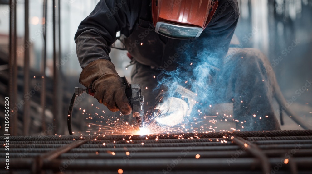 A construction worker welding metal pipes at a construction site. Featuring craftsmanship and focus A construction worker welding metal pipes at a construction site. Featuring craftsmanship and focus