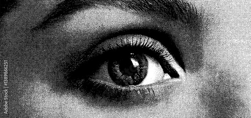 Abstract halftone banner with a pop art eye, black design elements, and a surreal love-inspired background in retro style