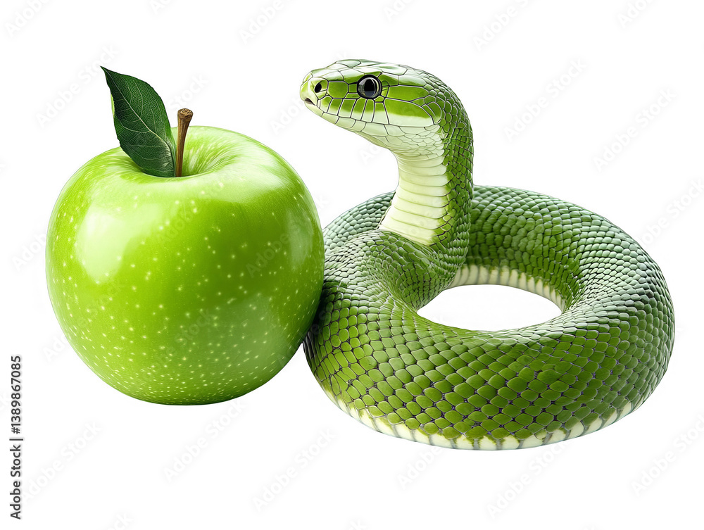 Naklejka premium Realistic Illustration Of Green Snake With Green Apple On Transparent Background