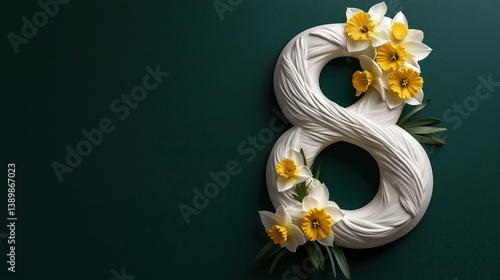 Wallpaper Mural Elegant pearl-white number eight adorned with vibrant yellow daffodils on a rich emerald-green backdrop Torontodigital.ca