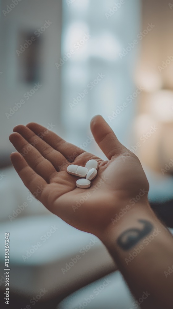Naklejka premium Hand holding white pills in home setting