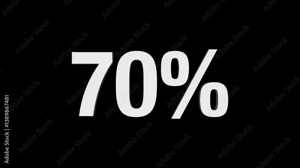 70% 3d text animation on black background. 4K 70% 3d text animation on black background. 4K