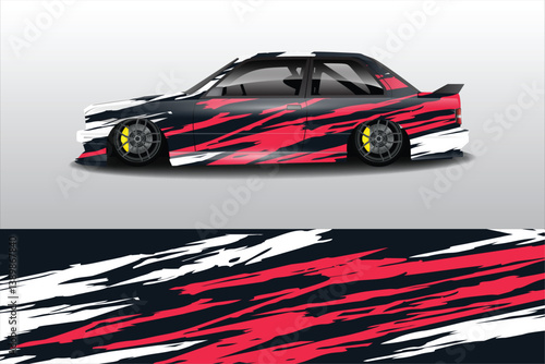 Stylized side view of a modified sports car with dynamic paint design against a gradient background