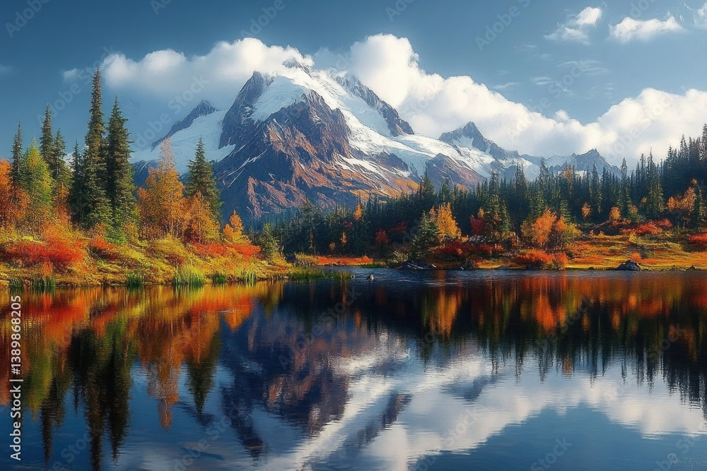 Fototapeta premium Mount Shuksan Reflection in Autumn Colors by Scenic Lake in Washington State