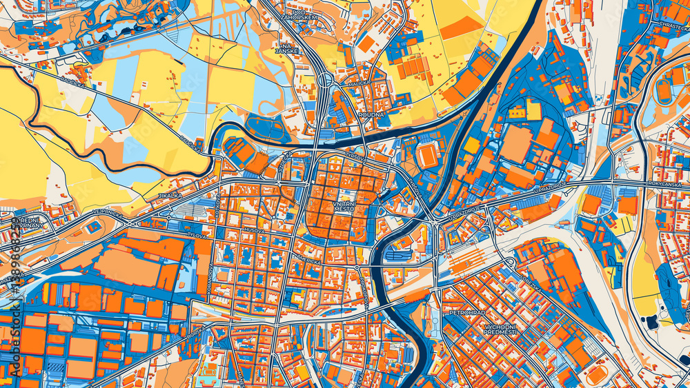 Colorful Plzeň Street Map with Labels and Buildings Colorful Plzeň Street Map with Labels and Buildings