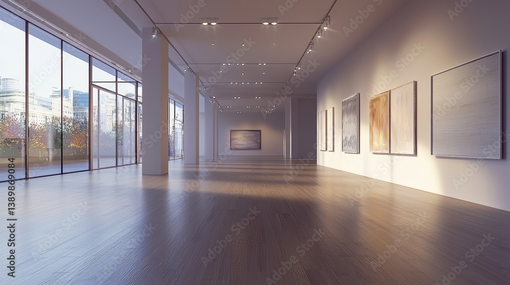 Bright expansive gallery interior featuring minimalist artwork smooth hardwood floor and large glass windows casting warm light providing contemporary space Bright expansive gallery interior featuring minimalist artwork smooth hardwood floor and large glass windows casting warm light providing contemporary space