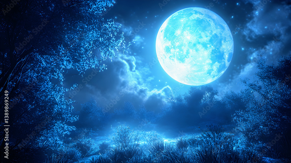 Naklejka premium The dark night sky reveals a bright full moon embraced by countless stars scattered across the vast space