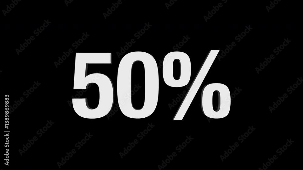 50% 3d text animation on black background. 4K 50% 3d text animation on black background. 4K