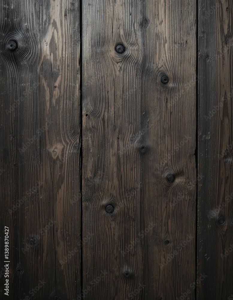 Fototapeta premium A rustic wooden wall featuring a striking arrangement of black wood planks, showcasing rich textures and natural grain patterns, creating a warm and inviting atmosphere.