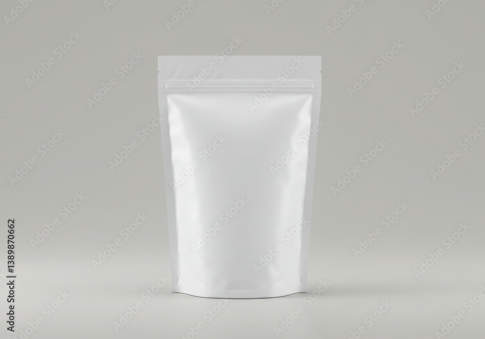 Isolated white stand up pouch with zipper on a neutral background in a studio setting shot front view Isolated white stand up pouch with zipper on a neutral background in a studio setting shot front view