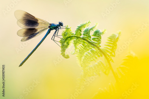 Banded demoiselle (Calopteryx splendens) male, resting on fern frond, Lower Tamar Lake, Cornwall, England, UK. May. 