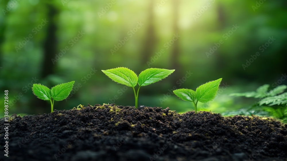 Fototapeta premium Three Young Seedlings Growing in the Forest