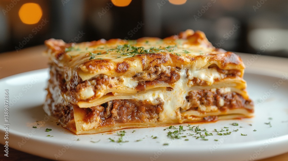 Close-up of a beef and cheese lasagna slice topped with herbs on a white plate, softly lit Close-up of a beef and cheese lasagna slice topped with herbs on a white plate, softly lit