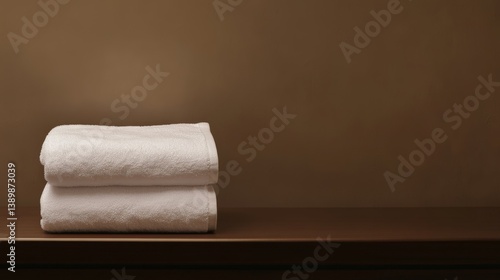 Stack of clean white towels on wooden surface against brown background
