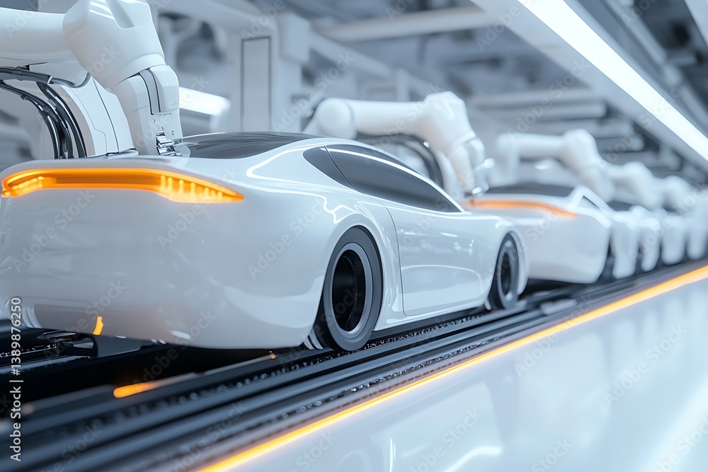 Obraz premium White Cars on Conveyor Belt with Robotic Arms in Futuristic Factory Setting, Clean Look