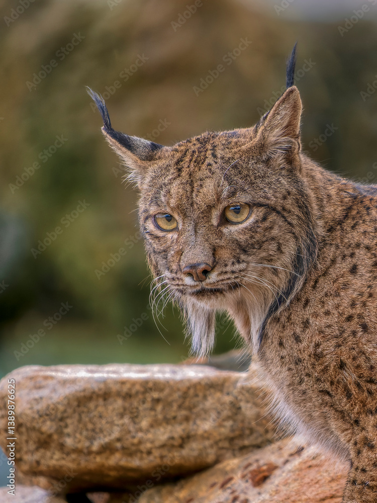 Iberian lynx (Lynx pardinus) male, head portrait, Andalusia, Spain. October. Endangered. Iberian lynx (Lynx pardinus) male, head portrait, Andalusia, Spain. October. Endangered.