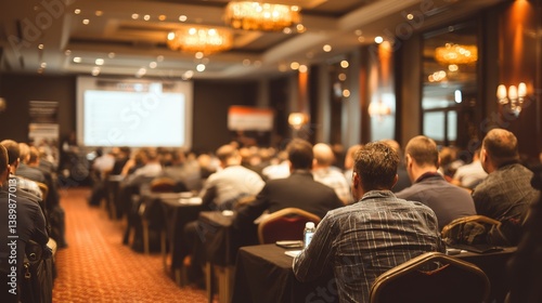 Attendees at a business conference in a large hall with a presentation screen, warm lighting, and a red carpet.