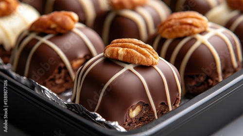 Indulgent chocolate pecan clusters elegantly arranged in rustic trays for holiday festivities and gourmet treats
