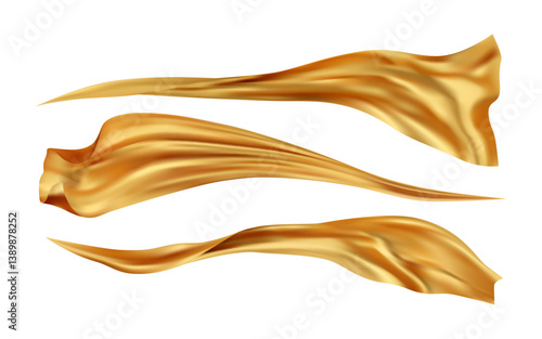 Smooth elegant textile floating in air. Vector realistic 3d fashionable clothing breeze, silky accessory or drapery flowing. Flying wind motion of scarf or tissue, gold royal silk or velvet clothing