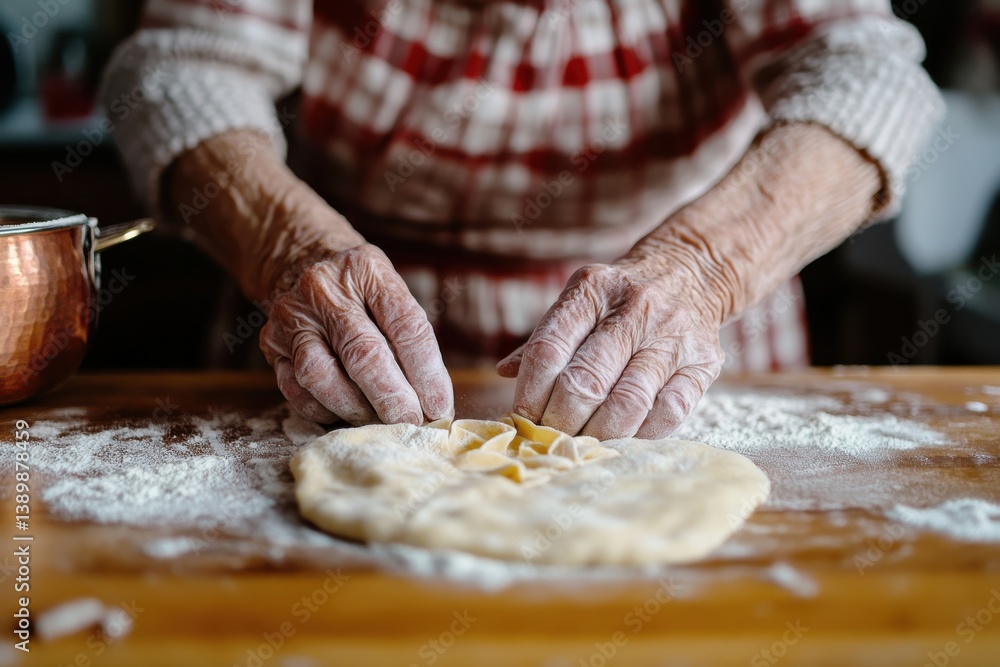 A close look at elderly hands skillfully shaping dough on a wooden counter, illustrating the beauty of culinary arts, tradition, and the joy of creating food from scratch. A close look at elderly hands skillfully shaping dough on a wooden counter, illustrating the beauty of culinary arts, tradition, and the joy of creating food from scratch.