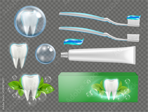 Toothpaste and brushes with paste with whitening and cleaning effect. Vector realistic, isolated set of toothbrushes and teeth with protective film, bubbles and mint. Oral healthcare and cleanliness