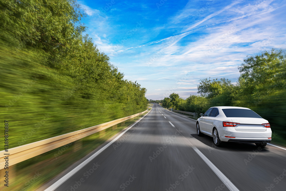 A white sedan drives swiftly down a forest-lined highway under a bright blue sky, with motion blur capturing the speed and freedom of the journey.