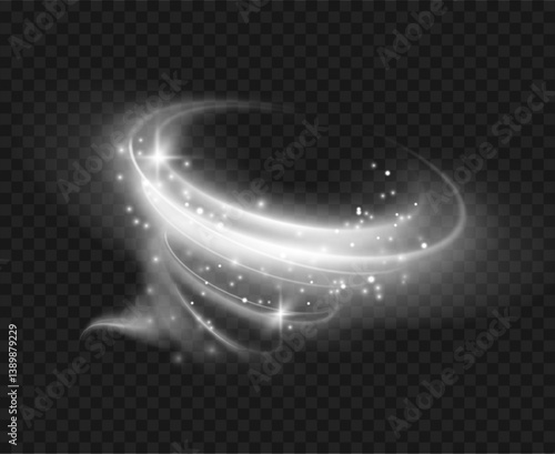Swirl winter wind with glowing effect and snow particles. Vector cold breeze stream motion with snowflakes and bright luminous sparkles with realistic effect. Windy weather or storm symbol