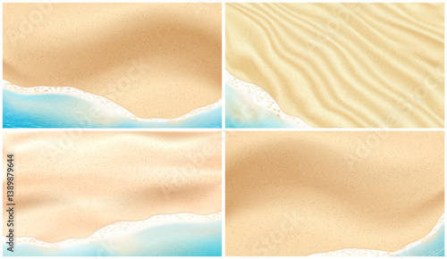 Sea beach with yellow sand and soft waves, top view. Vector realistic style, set of sandy texture and ocean. Recreation and vacation, seascape and sunny weather. Tropics and exotic destination