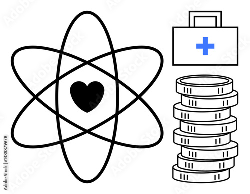 Atomic outline with heart at center, stack of coins, and medical briefcase highlight healthcare, funding, wellness, science, and economic balance. Ideal for health science economics metaphors. Flat