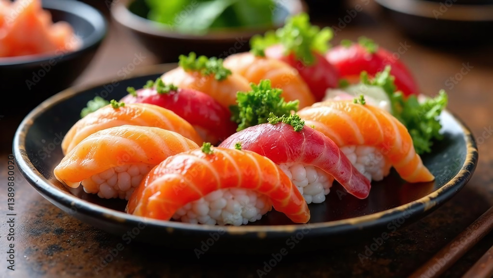 Sushi nigiri with vibrant salmon and tuna slices on seasoned rice, delicately garnished with fresh parsley, served on a black plate, evoking a sense of Japanese culinary artistry. Sushi nigiri with vibrant salmon and tuna slices on seasoned rice, delicately garnished with fresh parsley, served on a black plate, evoking a sense of Japanese culinary artistry.