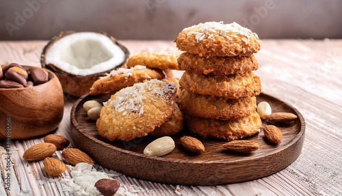 delicious coconut almond cookies piled on a wooden platter with chocolate chips and nuts enhancing the presentation