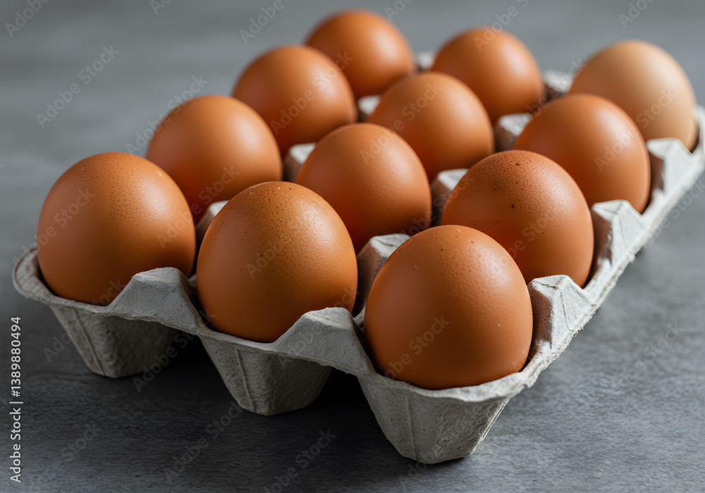 Brown Eggs in Carton on Gray Surface with Natural Lighting Brown Eggs in Carton on Gray Surface with Natural Lighting