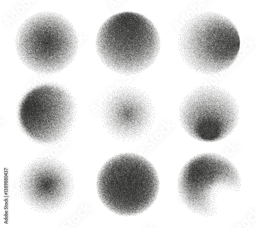 Circles set with grain noise texture. Vector abstract spheres with gradient pattern, globes with gradation to fade of monochrome grainy dots or dust. Circlets with color transition effect